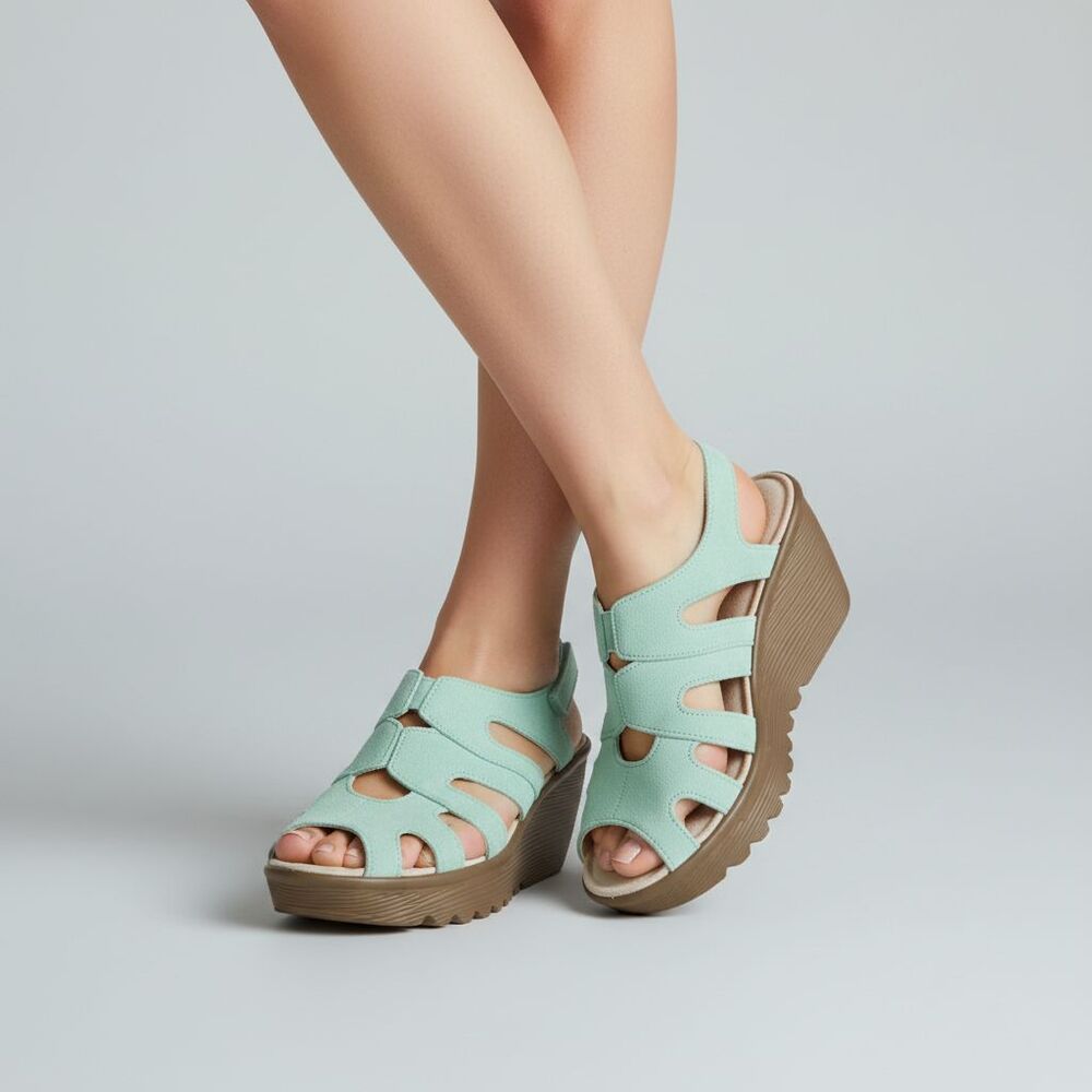 Skechers Memory Foam Wedge Sandals Strappy Mint Green Leather Casual Comfort 8